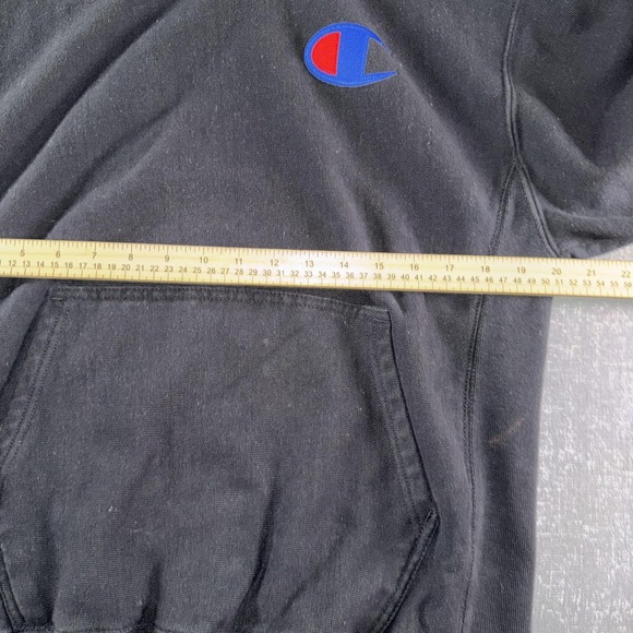 Champion Hoodie Mens Medium Black Reverse Weave Fleece Pullover Logo Sleeve - Picture 6 of 8